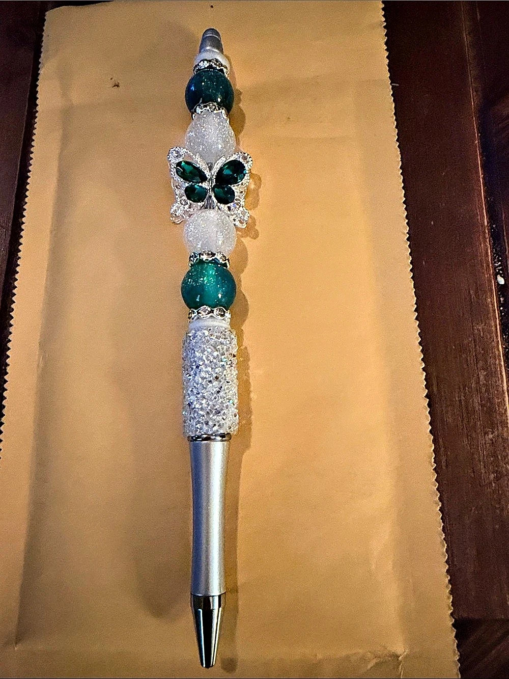 Jeweled Butterfly Beaded Pen in Silver & Blue